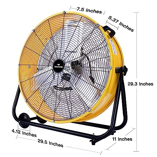 Tornado - 24 Inch High Velocity Heavy Duty Tilt Metal Drum Fan Yellow Commercial, Industrial Use 3 Speed 8540 CFM