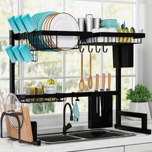sakugi over the sink dish drying rack - adjustable (29.5-35.5in) drying rack w/large capacity, space-saving dish rack for kitchen counter, 2-tier dish drying rack, premium stainless steel