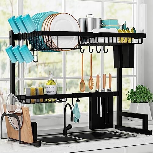 Sakugi Over The Sink Dish Drying Rack - Adjustable (29.5-35.5in) Drying Rack w/Large Capacity, Space-Saving Dish Rack for Kitchen Counter, 2-Tier Dish Drying Rack, Premium Stainless Steel