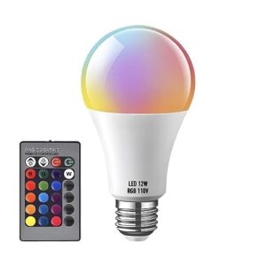 led color changing light bulb, 12w rgb light bulb with remote control, 16 color choices and dimmable options, ideal lighting for home decoration, stage, bar, party, bedroom