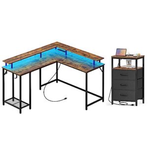 superjare l shaped computer desk with power outlets & led lights and huuger nightstand with charging station