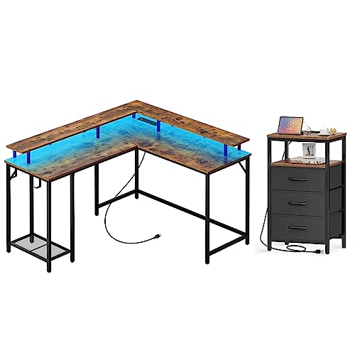 SUPERJARE L Shaped Computer Desk with Power Outlets & LED Lights and Huuger Nightstand with Charging Station