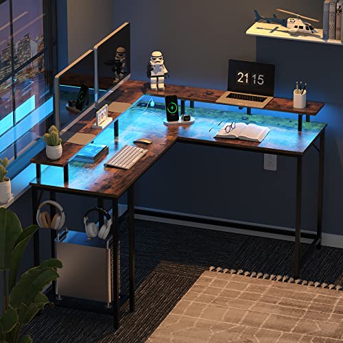 SUPERJARE L Shaped Computer Desk with Power Outlets & LED Lights and Huuger Nightstand with Charging Station