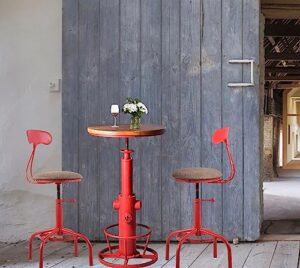 topower 3-piece pub bar set industrial round bar table and adjustable height pu seat stools with backrest for 2 match bar height and counter barstool antique red 1 table + 2 chairs