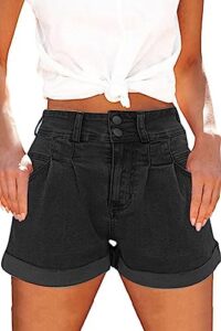 kingfen women's high waist denim shorts relaxed fit casual jean shorts summer cuffed short hem zipper and button closure womens shorts with pockets black large