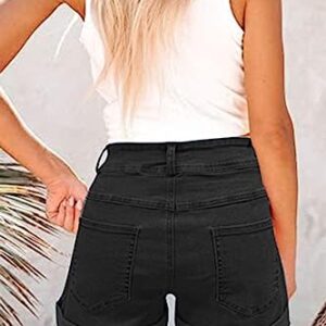 KINGFEN Women's High Waist Denim Shorts Relaxed Fit Casual Jean Shorts Summer Cuffed Short Hem Zipper and Button Closure Womens Shorts with Pockets Black Large