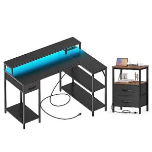 superjare l shaped gaming desk with led lights & power outlets and huuger nightstand with charging station