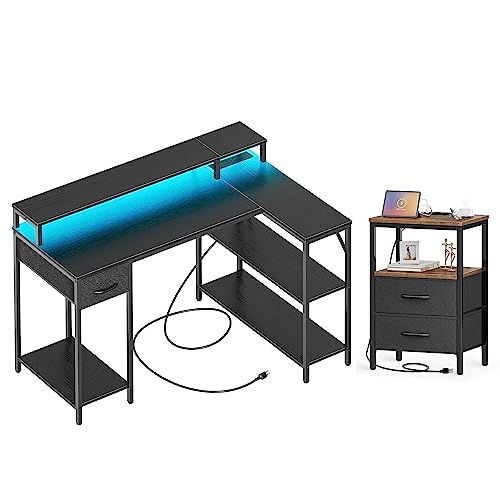 SUPERJARE L Shaped Gaming Desk with LED Lights & Power Outlets and Huuger Nightstand with Charging Station