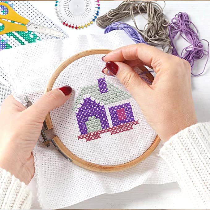 Stamped Embroidery Starters Kits with Pattern Flower in Vase for Beginners with Hoops Cloth Color Threads Cross Stitch Kits Needlework Art for Adults Students Home Decoration