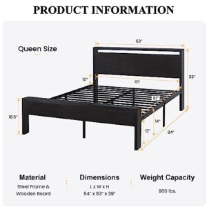 SHA CERLIN 14 Inch Queen Size Metal Platform Bed Frame with Wooden Headboard and Footboard, Mattress Foundation, No Box Spring Needed, Large Under Bed Storage, Without Noise, Black Oak