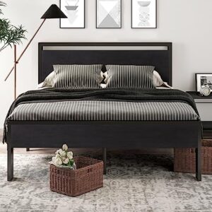 SHA CERLIN 14 Inch Queen Size Metal Platform Bed Frame with Wooden Headboard and Footboard, Mattress Foundation, No Box Spring Needed, Large Under Bed Storage, Without Noise, Black Oak