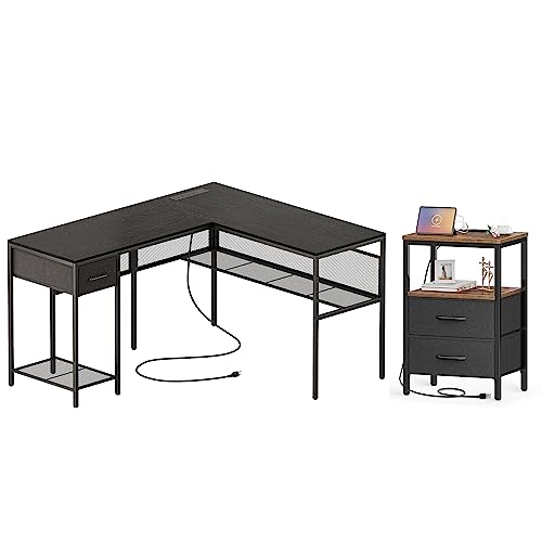 SUPERJARE L Shaped Desk with Power Outlets and Huuger Nightstand with Charging Station