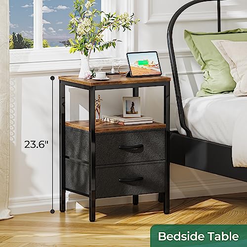 SUPERJARE L Shaped Desk with Power Outlets and Huuger Nightstand with Charging Station