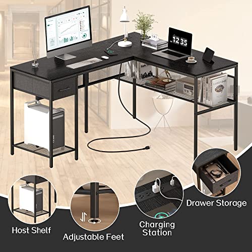 SUPERJARE L Shaped Desk with Power Outlets and Huuger Nightstand with Charging Station