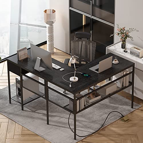 SUPERJARE L Shaped Desk with Power Outlets and Huuger Nightstand with Charging Station