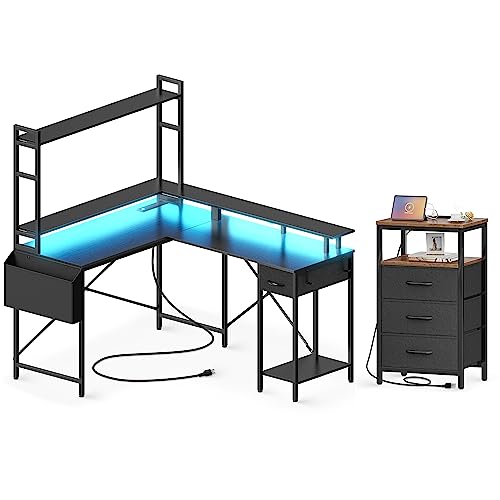 Huuger L Shaped Desk Gaming Desk with LED Lights & Power Outlets Nightstand with Charging Station