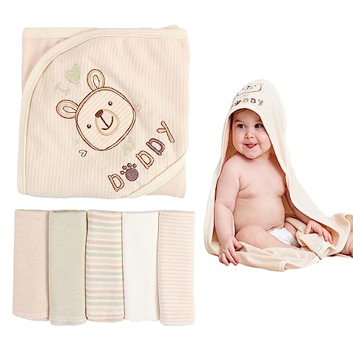 Smluckyg 6 Pack Baby Hooded Towel and Washcloths Set, Premium Ultra Soft Reusable Organic Cotton Baby Bath Towel for Infant and Toddler, Unisex Babies' Gifts (30x30 Inch, Multicolor-D)