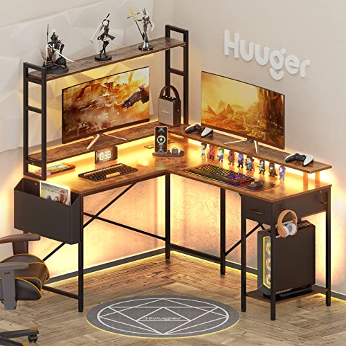 Huuger L Shaped Desk Computer Desk with LED Lights & Power Outlets and SUPERJARE Nightstand with Charging Station