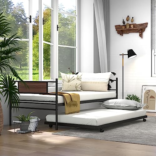 Giantex Metal Daybed with Trundle, Twin Size Day Bed with Wood Grain Headboard & Metal Slat Support, Space-Saving Trundle Sofa Bed for Living Room Guest Room, Easy Assembly, No Box Spring Needed