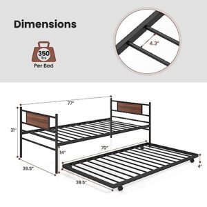 Giantex Metal Daybed with Trundle, Twin Size Day Bed with Wood Grain Headboard & Metal Slat Support, Space-Saving Trundle Sofa Bed for Living Room Guest Room, Easy Assembly, No Box Spring Needed