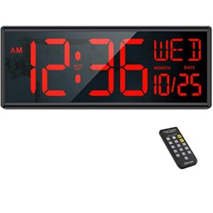 soobest large display digital wall clock with date and day of week, remote control led clock with dimmer (red)