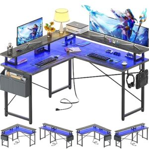 armocity l shaped computer desk with power outlets, gaming desk l shaped with led lights, corner desk with storage shelves, work study desk for bedroom, home office small spaces, 47'', grey