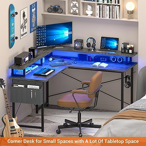 armocity L Shaped Computer Desk with Power Outlets, Gaming Desk L Shaped with LED Lights, Corner Desk with Storage Shelves, Work Study Desk for Bedroom, Home Office Small Spaces, 47'', Grey