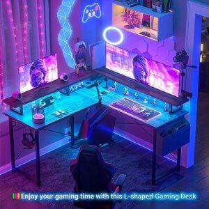 armocity L Shaped Computer Desk with Power Outlets, Gaming Desk L Shaped with LED Lights, Corner Desk with Storage Shelves, Work Study Desk for Bedroom, Home Office Small Spaces, 47'', Grey