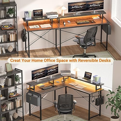 armocity L Shaped Computer Desk with Power Outlets, Gaming Desk L Shaped with LED Lights, Corner Desk with Storage Shelves, Work Study Desk for Bedroom, Home Office Small Spaces, 47'', Grey