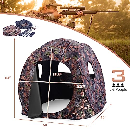 HAPPYGRILL Pop Up Hunting Blind Portable Ground Blind Waterproof Hunting Tent for 2-3 People, Camouflage Hunting Tent with 360 Degree Mesh Windows