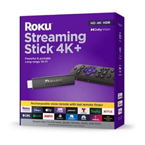 roku streaming stick 4k+ streaming device 4k/hdr/d. vision with roku voice remote pro (renewed)