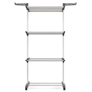 Giantex Foldable Clothes Drying Rack, Oversized 4-Tier Collapsible Laundry Rack w/ 3 Retractable Trays, Hanger Holders, Moveable Laundry Garment Dryer Stand w/Wheels for Indoor Outdoor Use