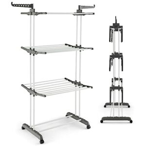 giantex foldable clothes drying rack, oversized 4-tier collapsible laundry rack w/ 3 retractable trays, hanger holders, moveable laundry garment dryer stand w/wheels for indoor outdoor use