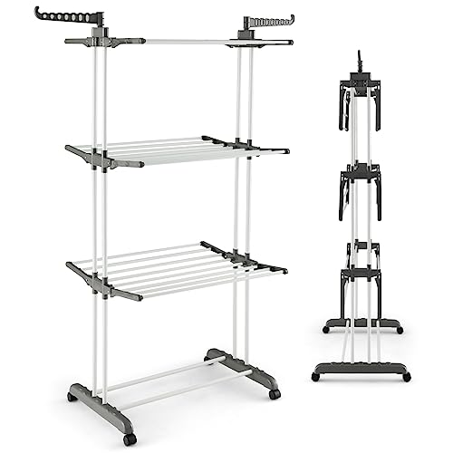 Giantex Foldable Clothes Drying Rack, Oversized 4-Tier Collapsible Laundry Rack w/ 3 Retractable Trays, Hanger Holders, Moveable Laundry Garment Dryer Stand w/Wheels for Indoor Outdoor Use