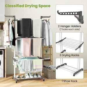 Giantex Foldable Clothes Drying Rack, Oversized 4-Tier Collapsible Laundry Rack w/ 3 Retractable Trays, Hanger Holders, Moveable Laundry Garment Dryer Stand w/Wheels for Indoor Outdoor Use