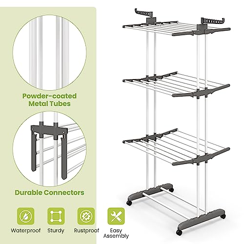 Giantex Foldable Clothes Drying Rack, Oversized 4-Tier Collapsible Laundry Rack w/ 3 Retractable Trays, Hanger Holders, Moveable Laundry Garment Dryer Stand w/Wheels for Indoor Outdoor Use