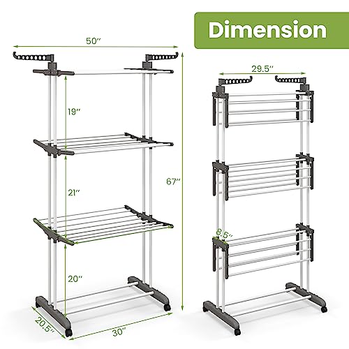 Giantex Foldable Clothes Drying Rack, Oversized 4-Tier Collapsible Laundry Rack w/ 3 Retractable Trays, Hanger Holders, Moveable Laundry Garment Dryer Stand w/Wheels for Indoor Outdoor Use