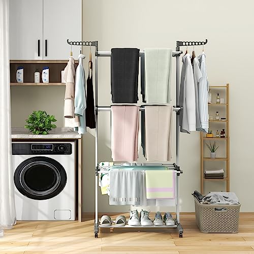 Giantex Foldable Clothes Drying Rack, Oversized 4-Tier Collapsible Laundry Rack w/ 3 Retractable Trays, Hanger Holders, Moveable Laundry Garment Dryer Stand w/Wheels for Indoor Outdoor Use