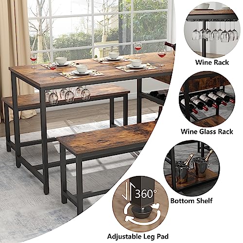 STIKELY Dining Table Set for 4-6 People, 3 Pieces Kitchen Dinner Table Set with 2 Drawers & Long Benches, Dining Room Table with Wine Rack & Glass Holder and Storage Shelf for Home Kitchen Use