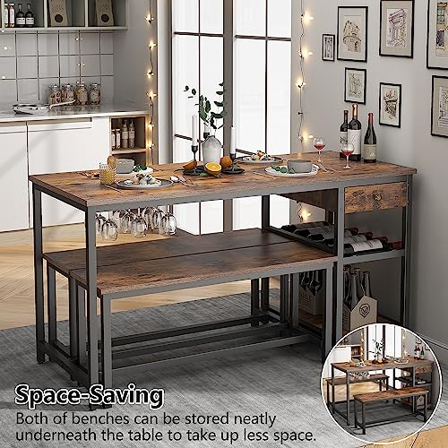 STIKELY Dining Table Set for 4-6 People, 3 Pieces Kitchen Dinner Table Set with 2 Drawers & Long Benches, Dining Room Table with Wine Rack & Glass Holder and Storage Shelf for Home Kitchen Use