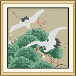 Beginner Cross Stitch Kits of White Crane Birds Stamped Cross-Stitch Supplies Needlework Bird DIY 14CT 2 Strands Cotton Thread Printed DIY Needlepoint Kits DMC Craft Needlework Set 34×34cm