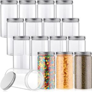 dandat 16 pcs clear plastic jars with lids 30 oz bottles containers plastic mason jars plastic canisters cylinders storage kitchen and household organization cup for dry goods, spice, honey, food