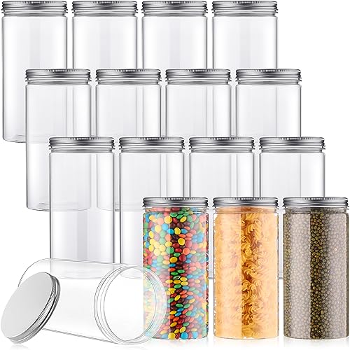 Dandat 16 Pcs Clear Plastic Jars with Lids 30 oz Bottles Containers Plastic Mason Jars Plastic Canisters Cylinders Storage Kitchen and Household Organization Cup for Dry Goods, Spice, Honey, Food