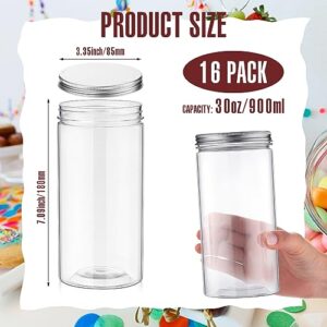 Dandat 16 Pcs Clear Plastic Jars with Lids 30 oz Bottles Containers Plastic Mason Jars Plastic Canisters Cylinders Storage Kitchen and Household Organization Cup for Dry Goods, Spice, Honey, Food