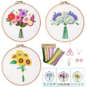 easy embroidery kit for beginners adults and kids 3 sets stamped floral embroidery kit for kids cross stitch kit funny embroidery starter kit with pattern cross stitch 3 set (bunch flowers 3p)