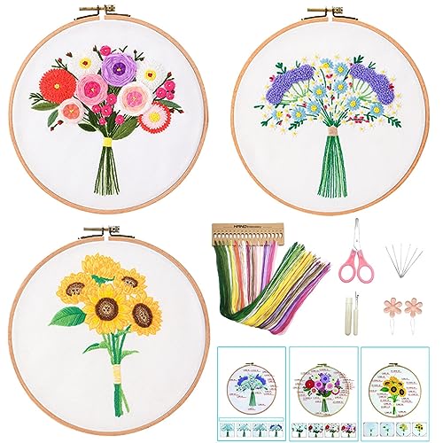 Easy Embroidery Kit for Beginners Adults and Kids 3 Sets Stamped Floral Embroidery Kit for Kids Cross Stitch Kit Funny Embroidery Starter Kit with Pattern Cross Stitch 3 Set (Bunch Flowers 3P)