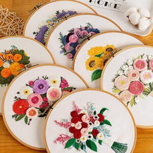 Easy Embroidery Kit for Beginners Adults and Kids 3 Sets Stamped Floral Embroidery Kit for Kids Cross Stitch Kit Funny Embroidery Starter Kit with Pattern Cross Stitch 3 Set (Bunch Flowers 3P)