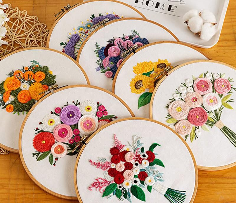 Easy Embroidery Kit for Beginners Adults and Kids 3 Sets Stamped Floral Embroidery Kit for Kids Cross Stitch Kit Funny Embroidery Starter Kit with Pattern Cross Stitch 3 Set (Bunch Flowers 3P)