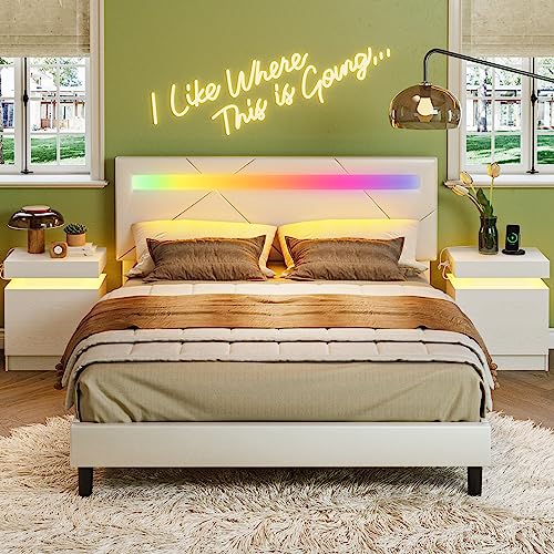 LIKIMIO Queen Bed Frame with LED Lights, Modern PU Leather Upholstered Platform Bed with Headboard, No Box Spring Needed/Noise-Free/Easy Assembly, White