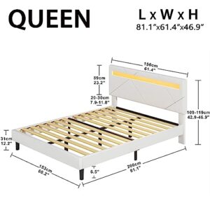 LIKIMIO Queen Bed Frame with LED Lights, Modern PU Leather Upholstered Platform Bed with Headboard, No Box Spring Needed/Noise-Free/Easy Assembly, White